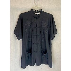 Chic Star black mandarin collar dragon embroidered short sleeve shirt